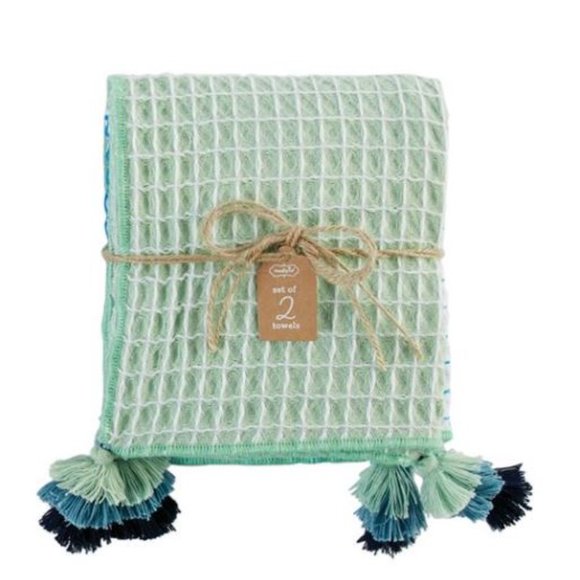 Hand Towel Set of 2 | Waffle + Tassels | Green + Blue - Picture 2 of 2